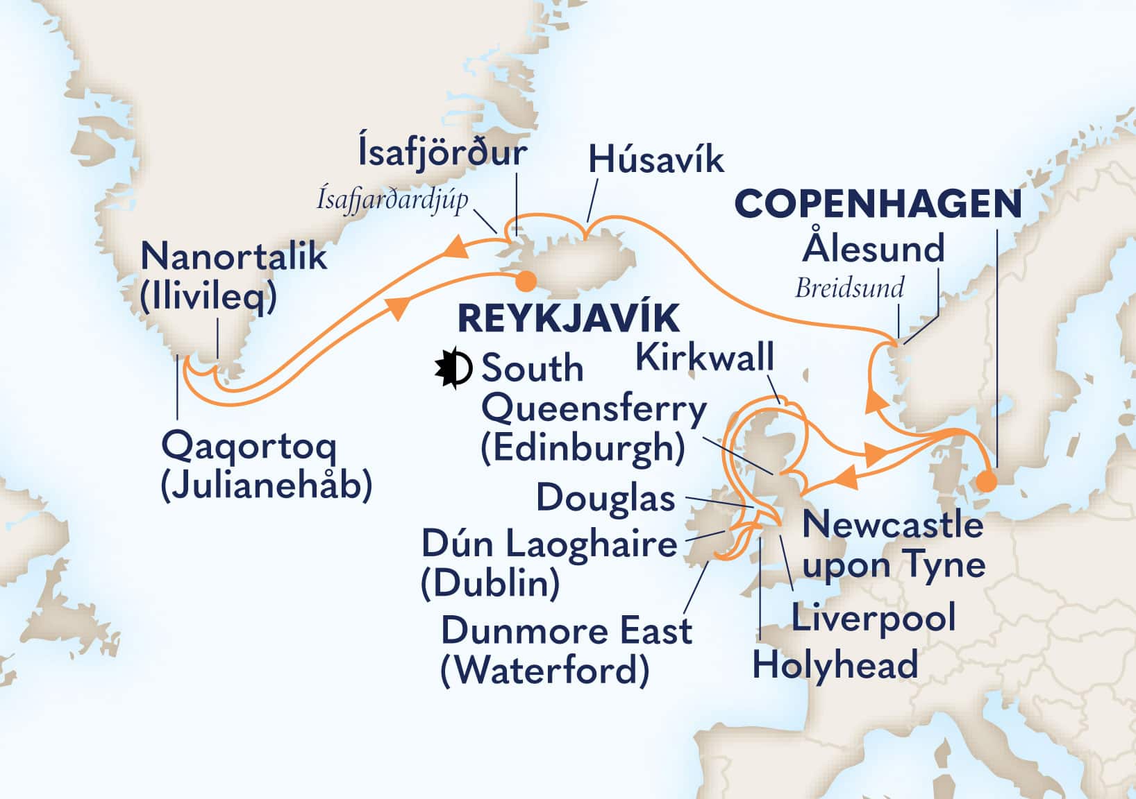 25-Day British Isles, Iceland & Greenland Passage Itinerary Map