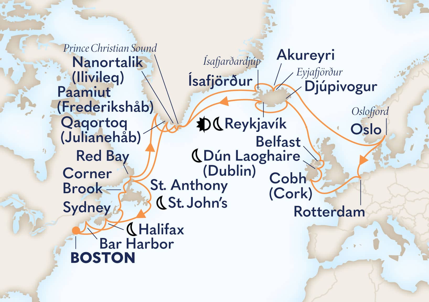 MapDepicting 35-DAY VOYAGE OF THE VIKINGS Departs Boston, Massachusetts, US Arrive Boston, Massachusetts, US