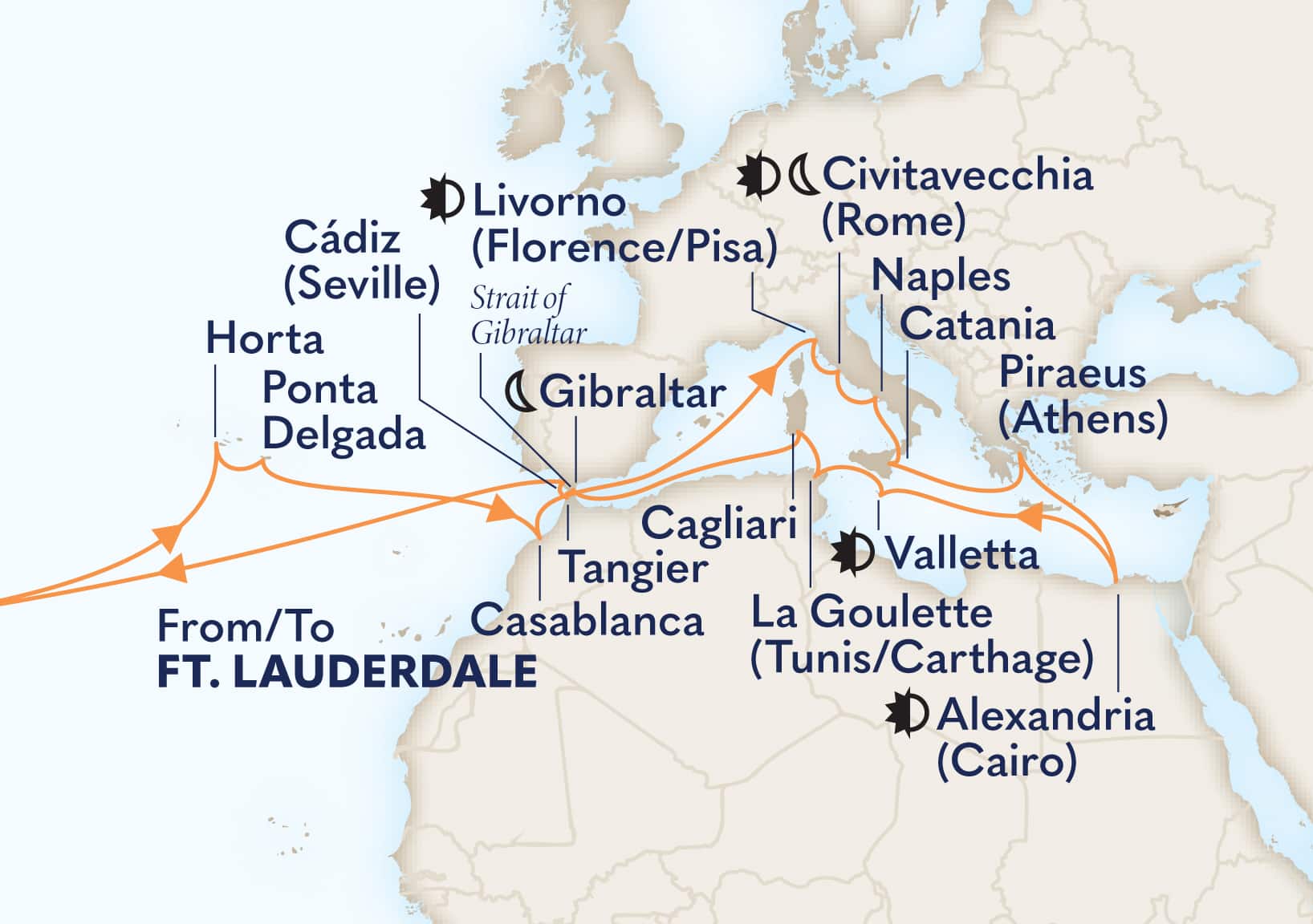 MapDepicting 42-Day Ultimate Mediterranean & Atlantic Passage Departs Fort Lauderdale, Florida, US  Arrive Fort Lauderdale, Florida, US