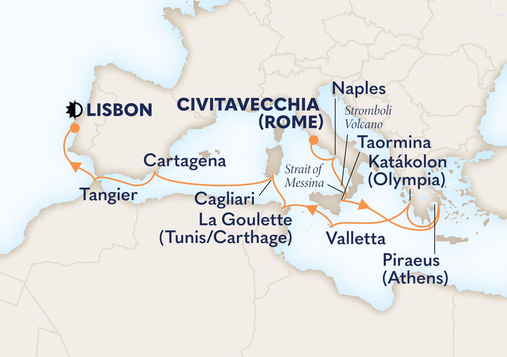 14-Day Traversing The Mediterranean: Lisbon Overnight Itinerary Map