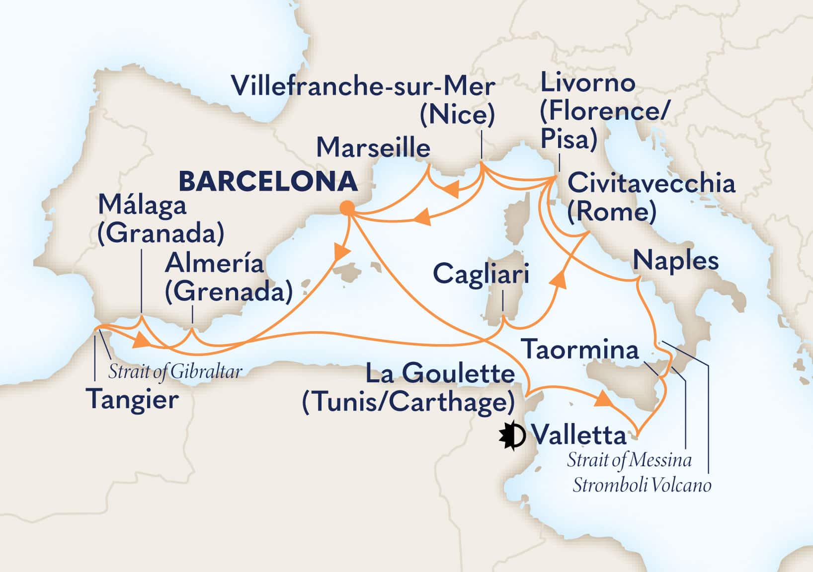 21-Day Western Medley: Andalusia, Cote D&#39;azur & Malta Itinerary Map