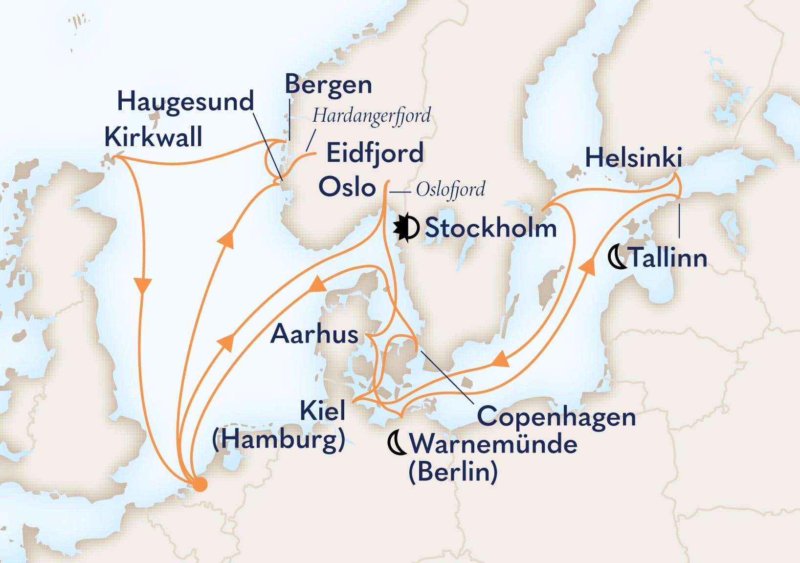 21-Day Fjords & Capitals: Scotland & Stockholm Overnight Itinerary Map