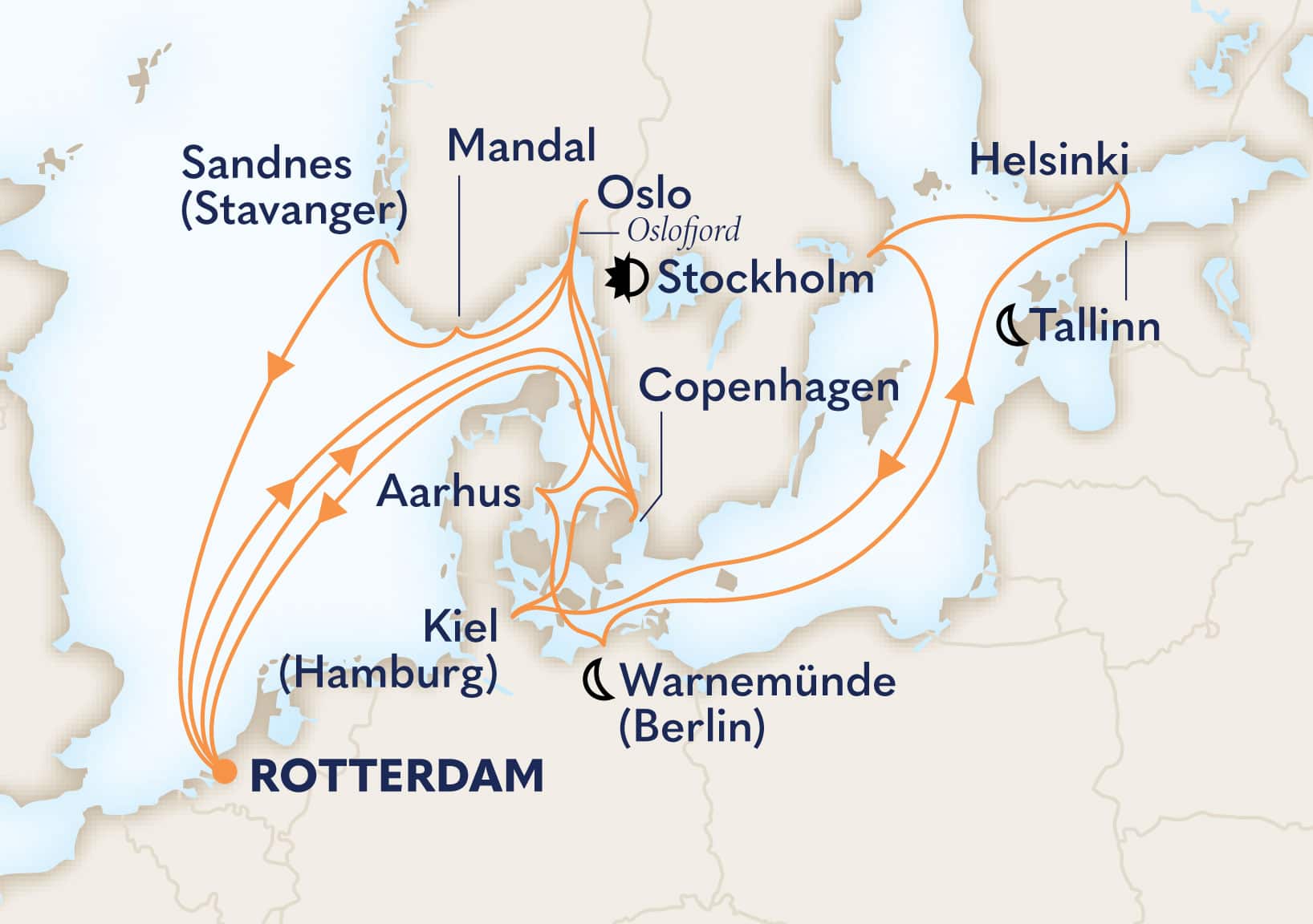 21-Day Fjords & Capitals: Copenhagen & Stockholm Overnight Itinerary Map
