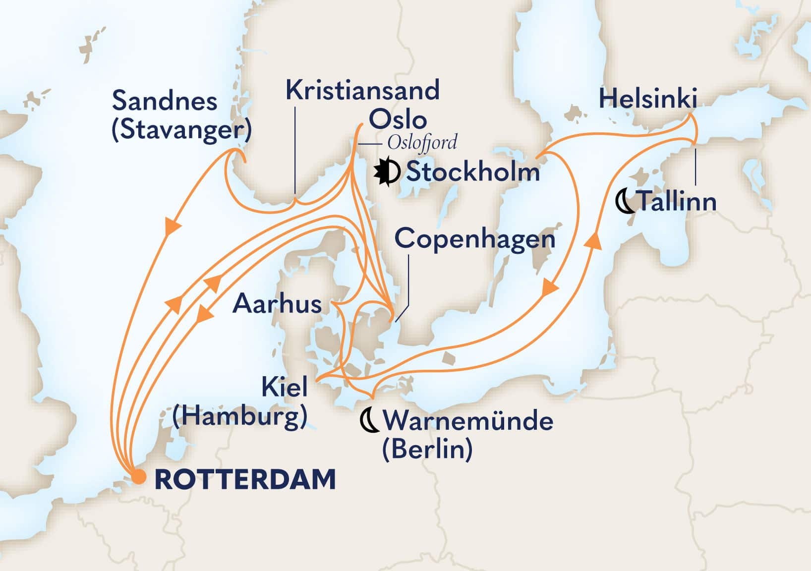 21-Day Fjords & Capitals: Copenhagen & Stockholm Overnight Itinerary Map