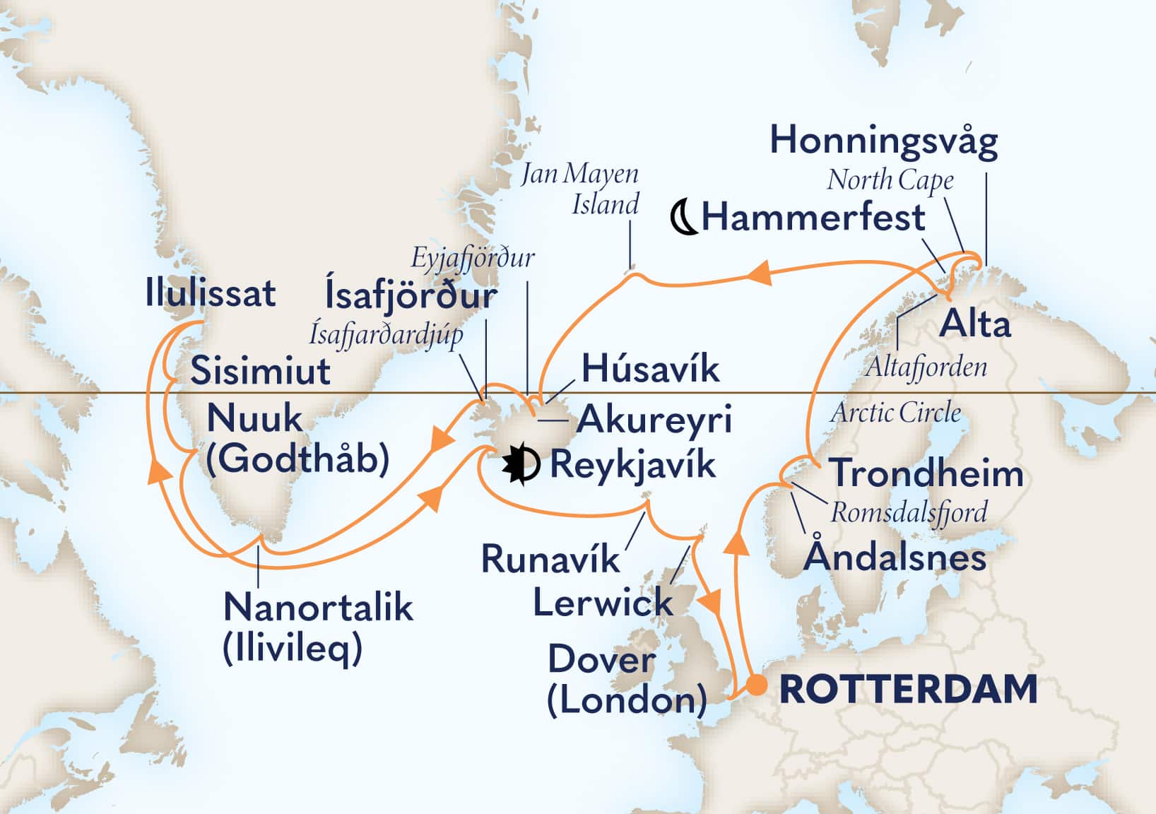 28-Day Arctic Circle Crossing: Greenland And Iceland Itinerary Map