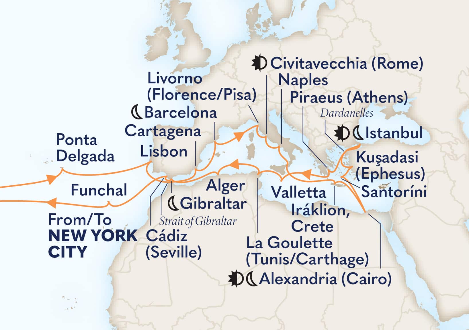 45-Day Ultimate Mediterranean & Atlantic Passage Itinerary Map