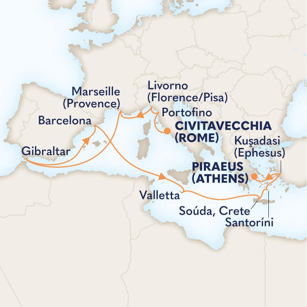 Itinerary map of 14-DAY ITALY, MALTA & GREEK ISLES COLLECTORS' VOYAGE