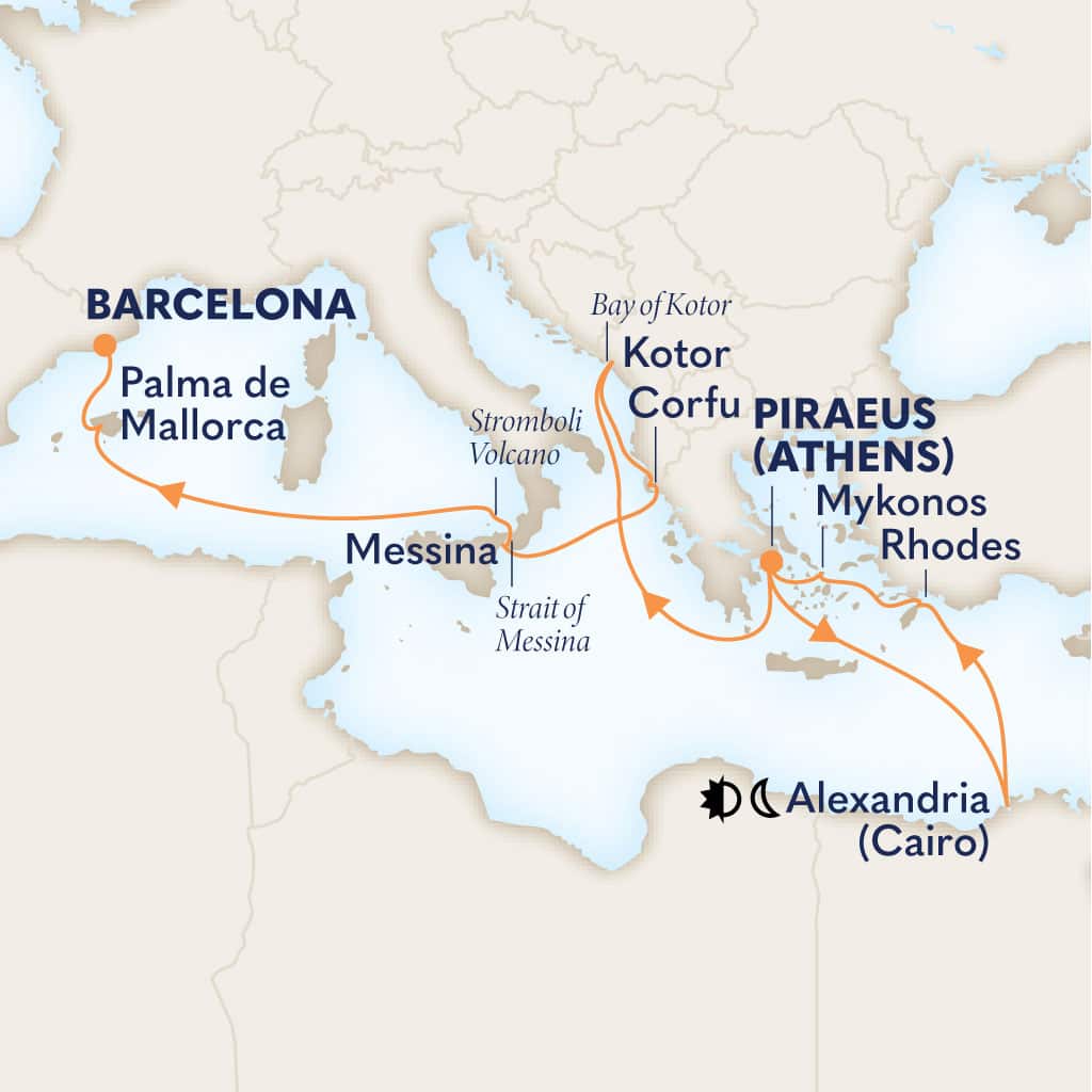 Itinerary map of 14-DAY EGYPT, GREECE, SICILY & SPAIN COLLECTORS' VOYAGE
