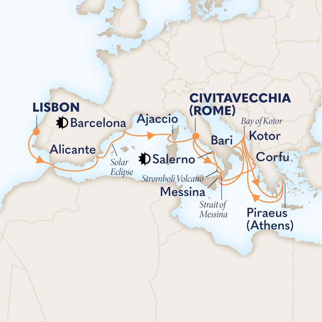 Itinerary map of 20-DAY SOLAR ECLIPSE COLLECTORS' VOYAGE: SPAIN & ITALY
