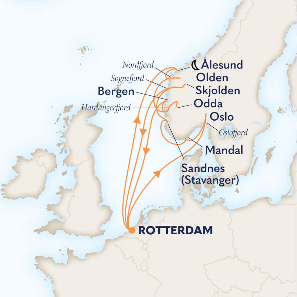 Itinerary map of 14-DAY FJORDS OF NORWAY COLLECTORS' VOYAGE