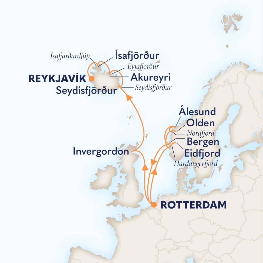 Itinerary map of 14-DAY FJORDS OF NORWAY & ICELAND COLLECTORS' VOYAGE