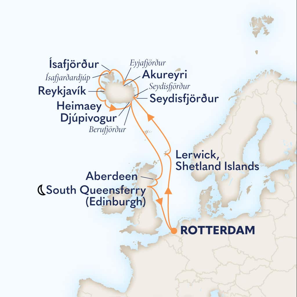 Itinerary map of 14-DAY ICELANDIC FJORDS WITH SCOTLAND COLLECTORS' VOYAGE