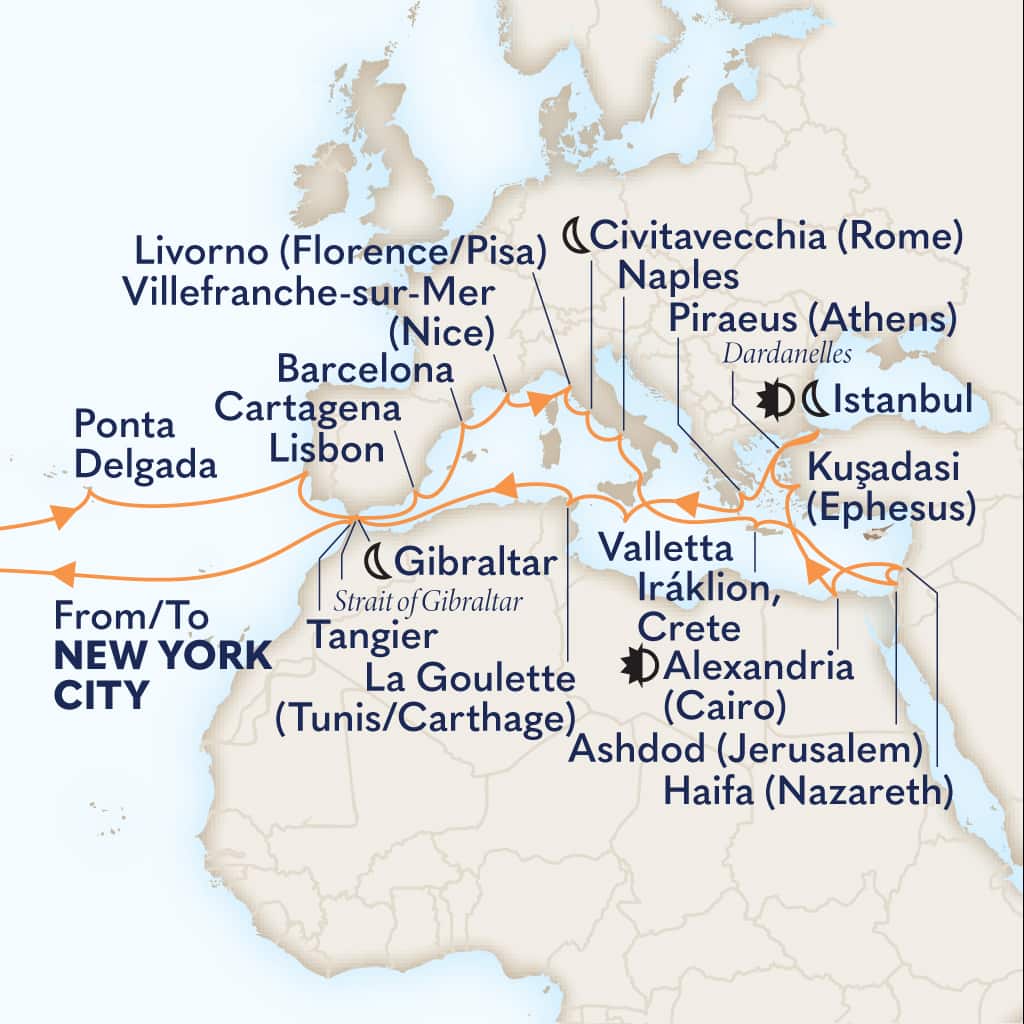 Itinerary map of 44-DAY LEGENDARY ULTIMATE MEDITERRANEAN & ATLANTIC PASSAGE