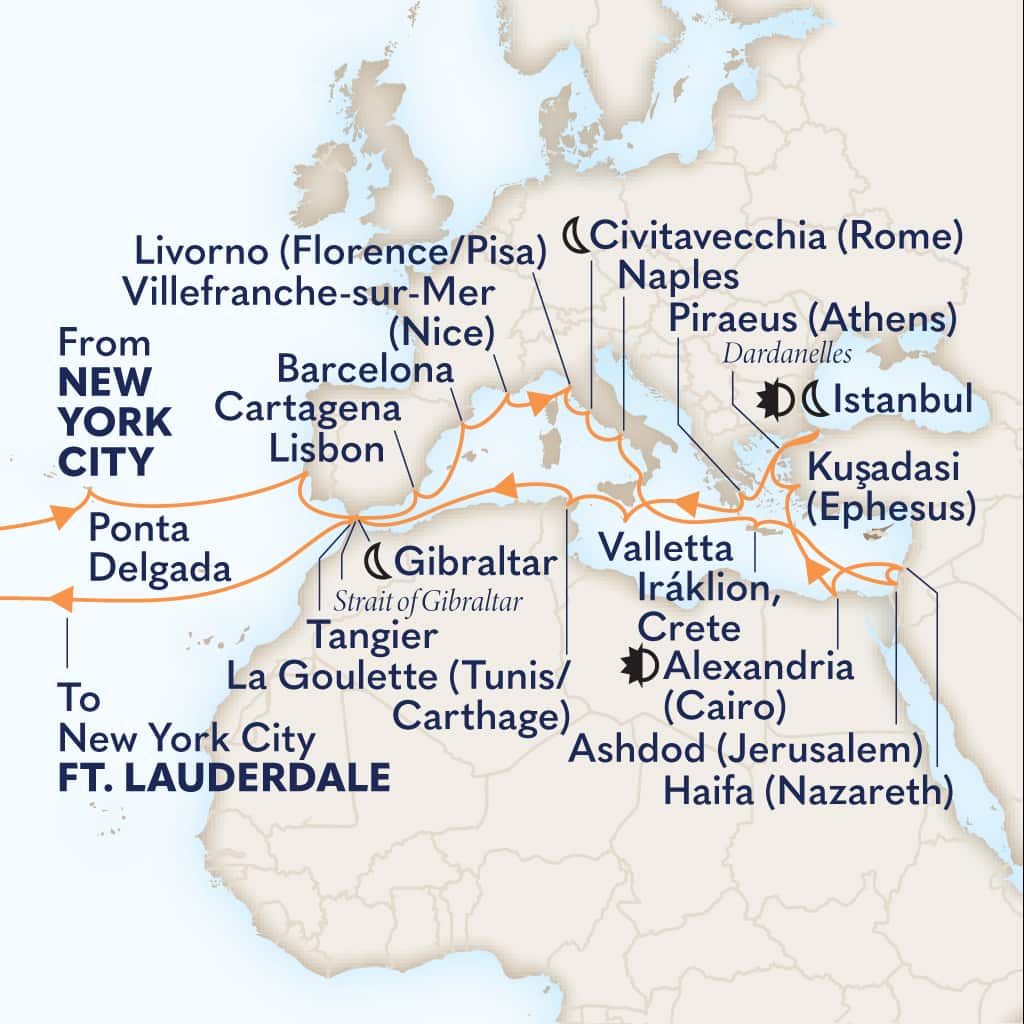 Itinerary map of 47-DAY LEGENDARY ULTIMATE MEDITERRANEAN & ATLANTIC PASSAGE