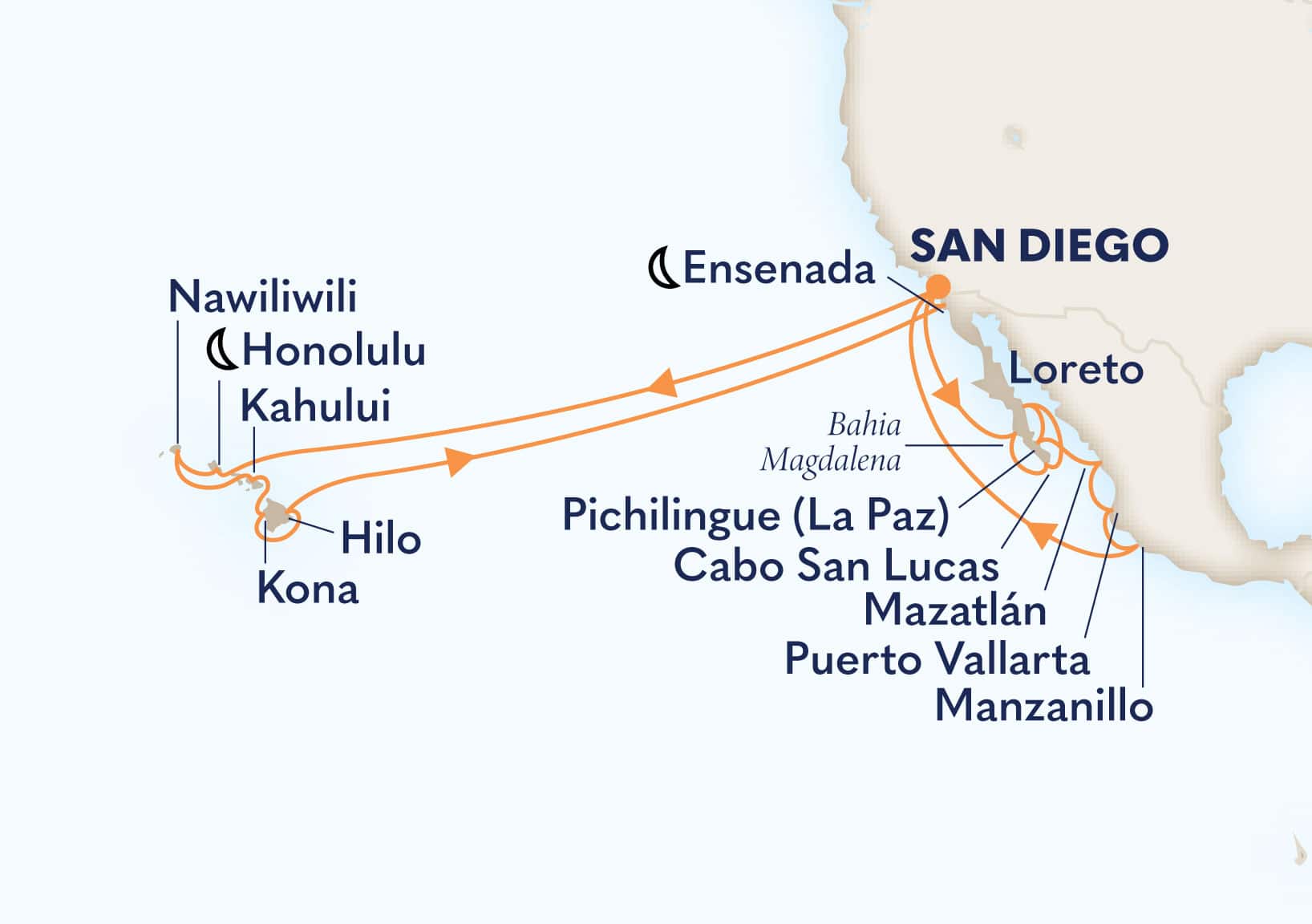 28-Day Circle Hawaii & Mexican Riviera/Sea Of Cortez Itinerary Map