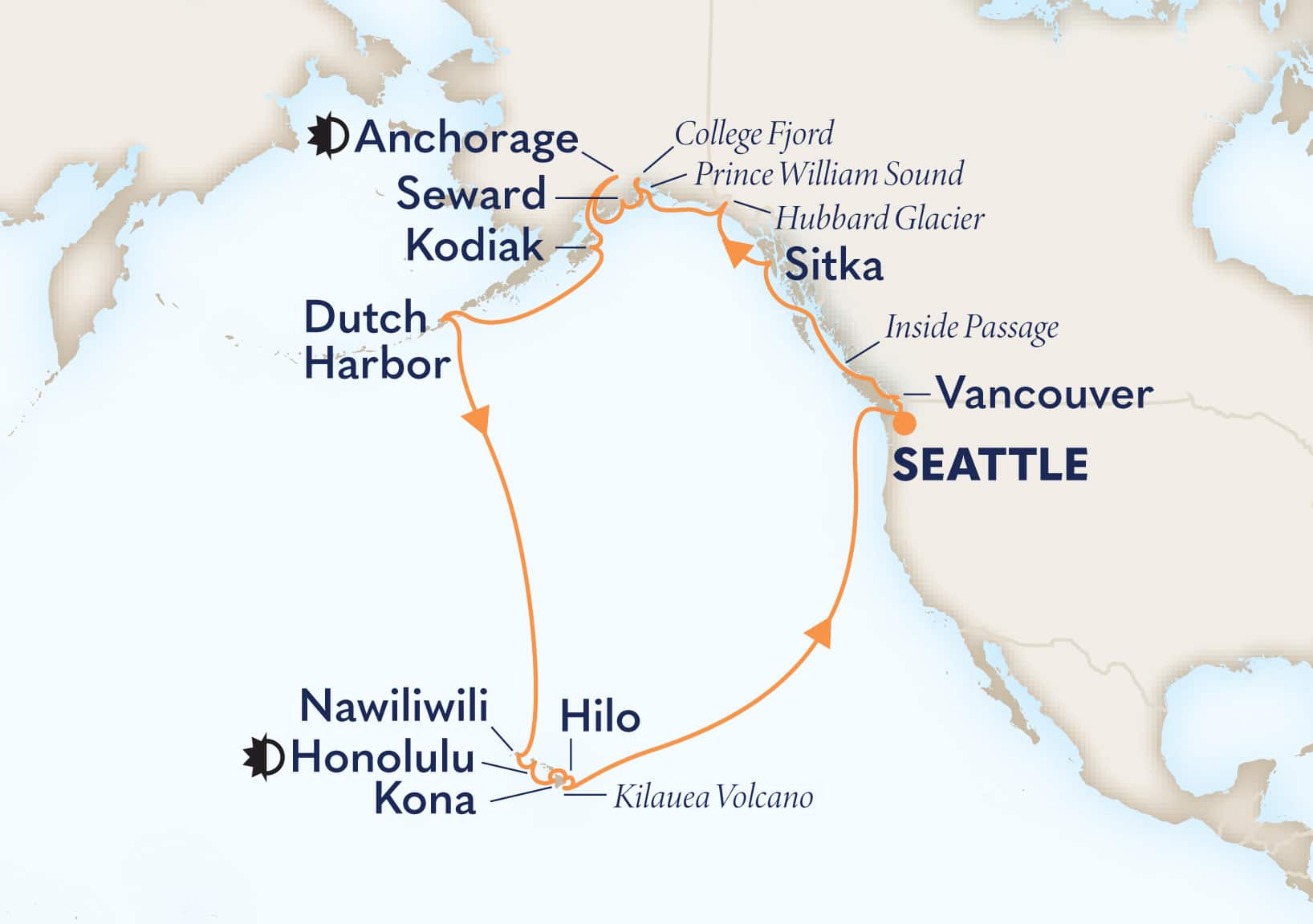 28-Day Glaciers & Volcanos: Alaska To Hawaii Itinerary Map