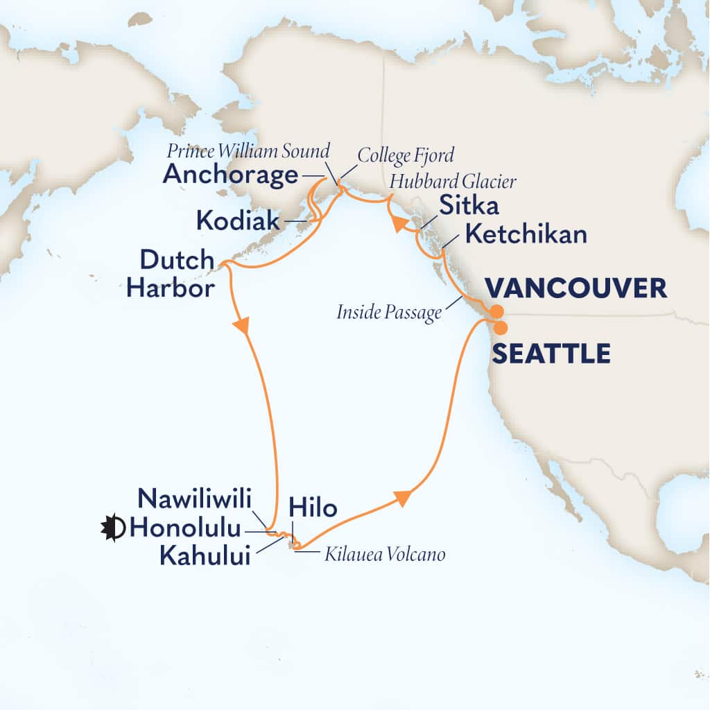 Itinerary map of 27-DAY LEGENDARY GLACIERS & VOLCANOES: ALASKA TO HAWAII