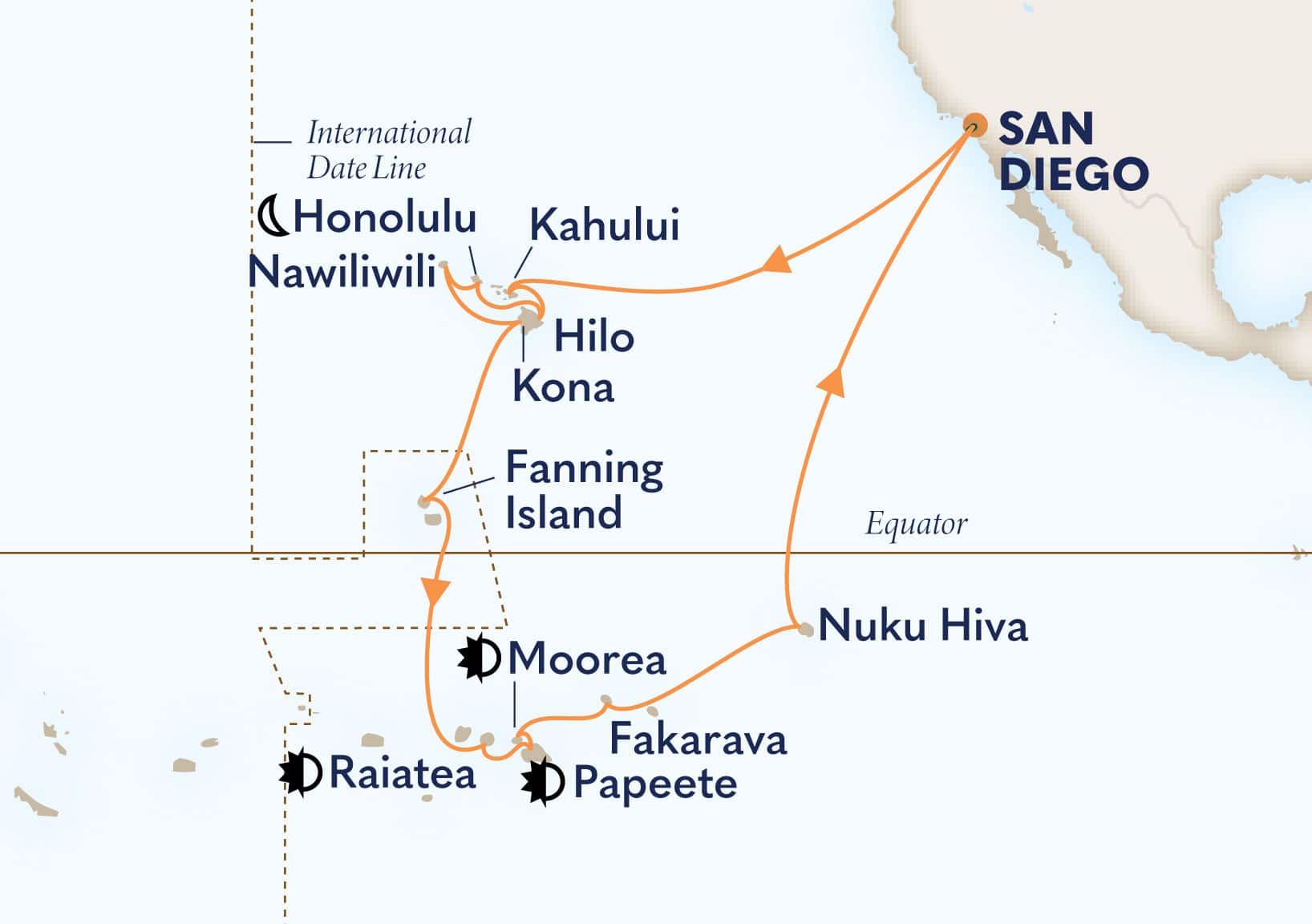 35-Day Hawaii, Tahiti & Marquesas Itinerary Map