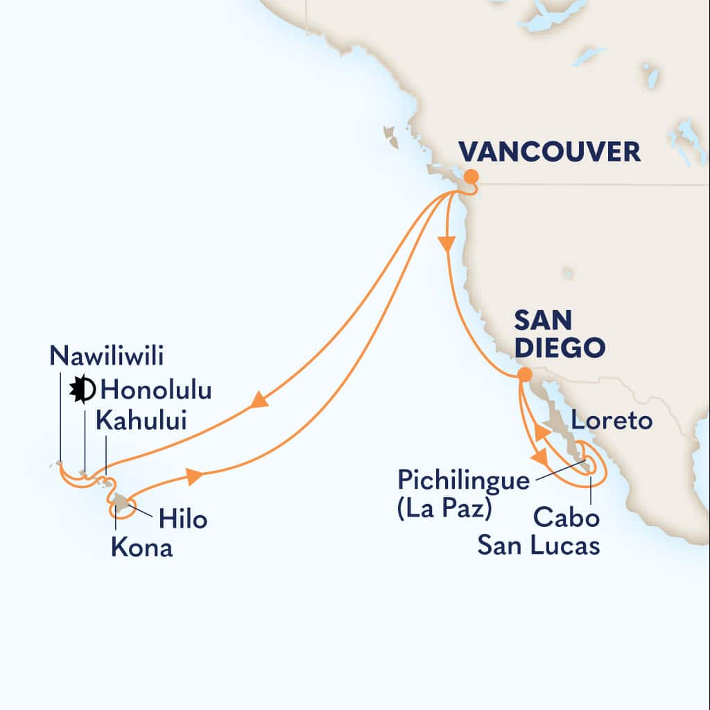 Itinerary map of 28-DAY CIRCLE HAWAII, PACIFIC COASTAL & SEA OF CORTEZ