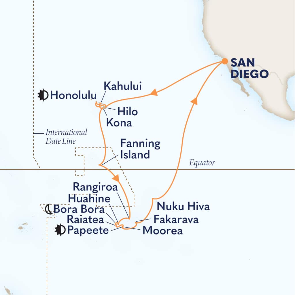Itinerary map of 35-DAY HAWAII, TAHITI & MARQUESAS LEGENDARY VOYAGE