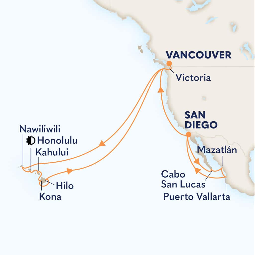 Itinerary map of 28-DAY MEXICO RIVIERA, PACIFIC COASTAL & CIRCLE HAWAII