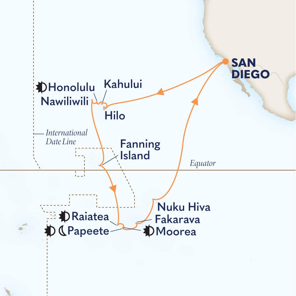 Itinerary map of 35-DAY HAWAII, TAHITI & MARQUESAS LEGENDARY VOYAGE