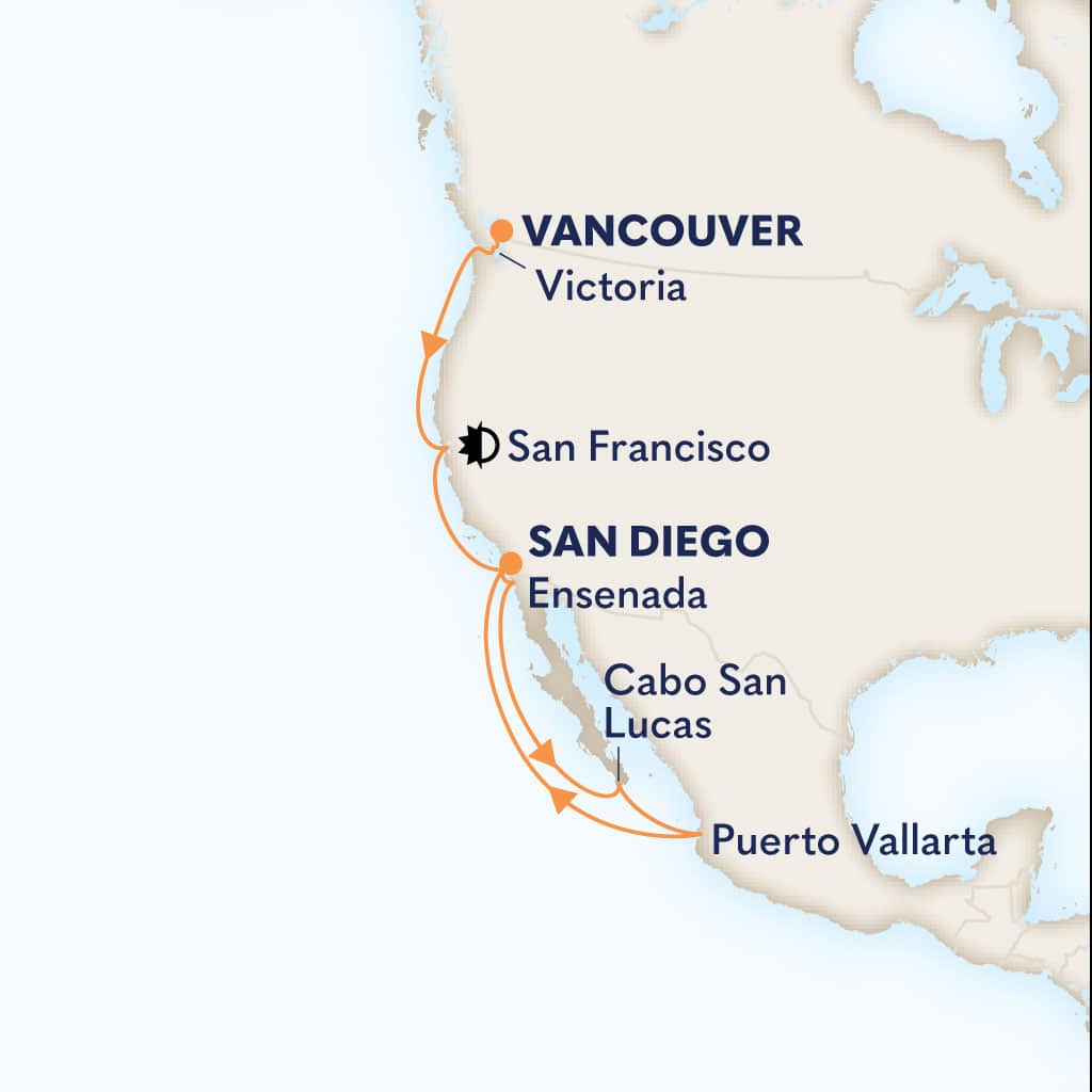Itinerary map of 13-DAY MEXICAN RIVIERA & PACIFIC COAST