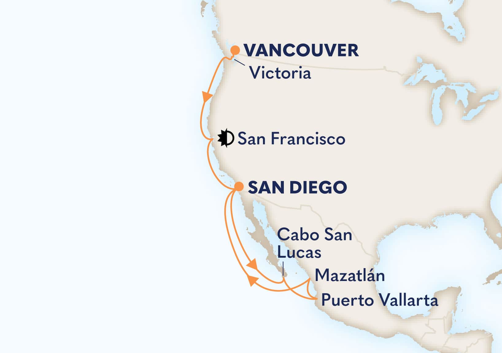 13-Day Mexican Riviera & Pacific Coast Itinerary Map