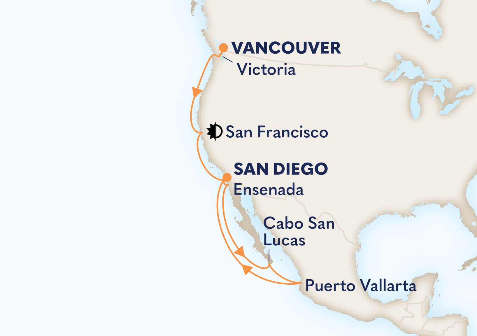 13-Day Mexican Riviera & Pacific Coast Itinerary Map