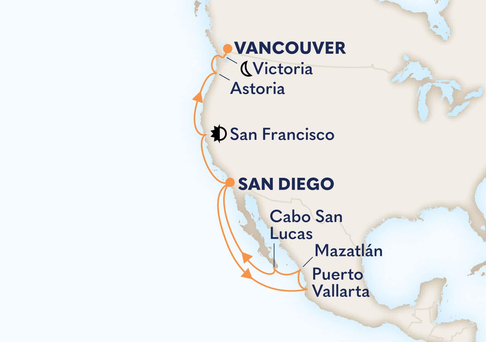 14-Day Mexican Riviera, Wine Country & Pacific Northwest Itinerary Map
