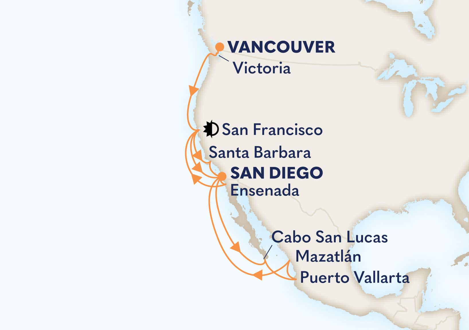 20-Day Mexican Riviera, California And Pacific Coast Itinerary Map