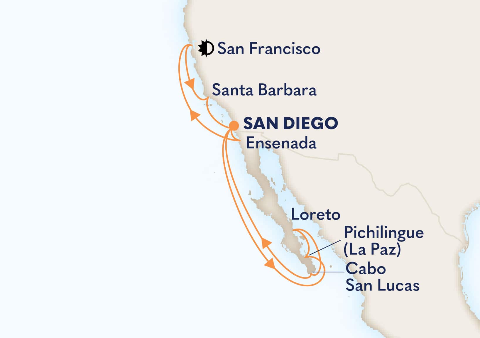 14-Day Baja Peninsula & Classic California Coast Itinerary Map