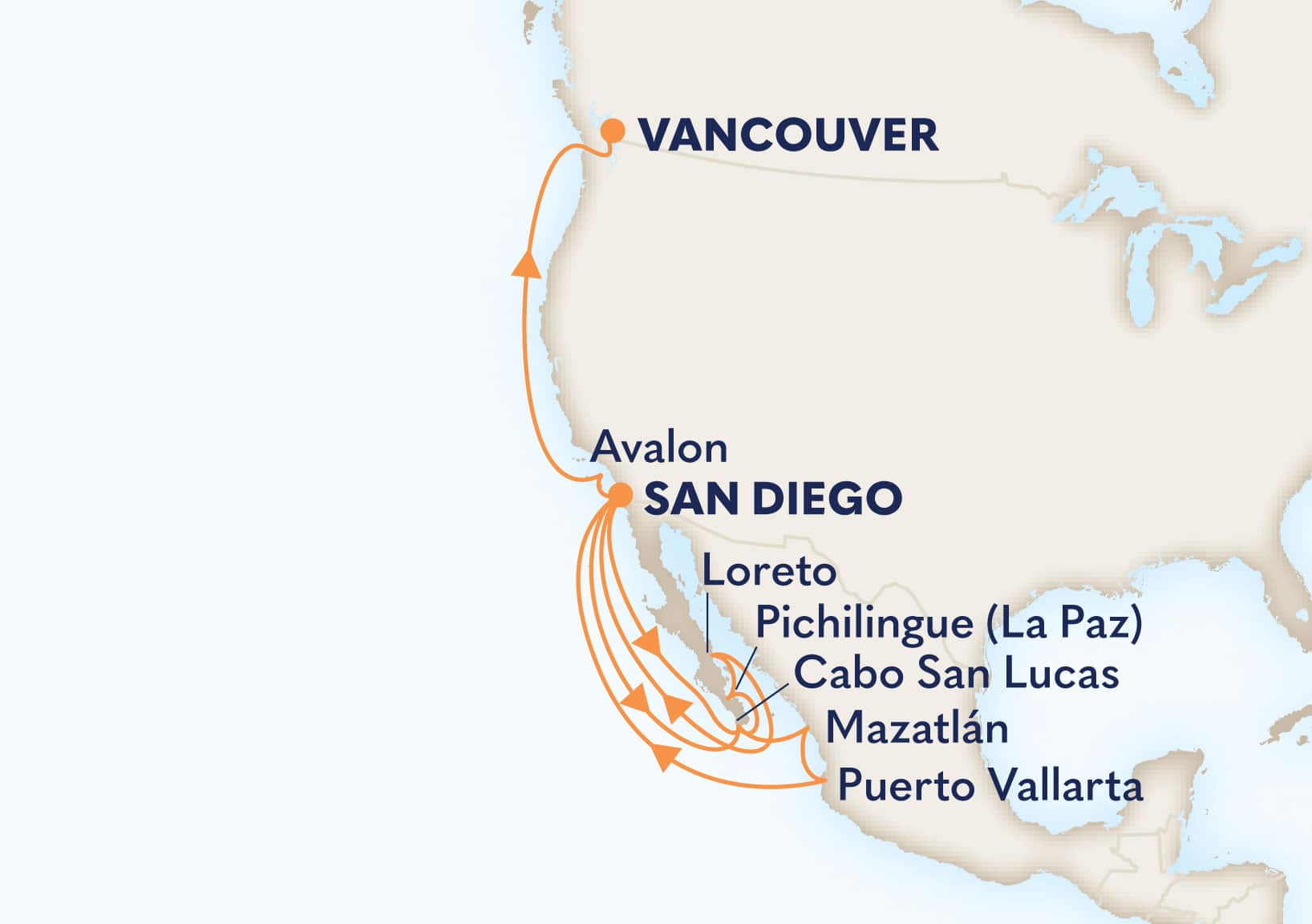 18-Day Baja Peninsula, Mexican Riviera & Pacific Coast Itinerary Map