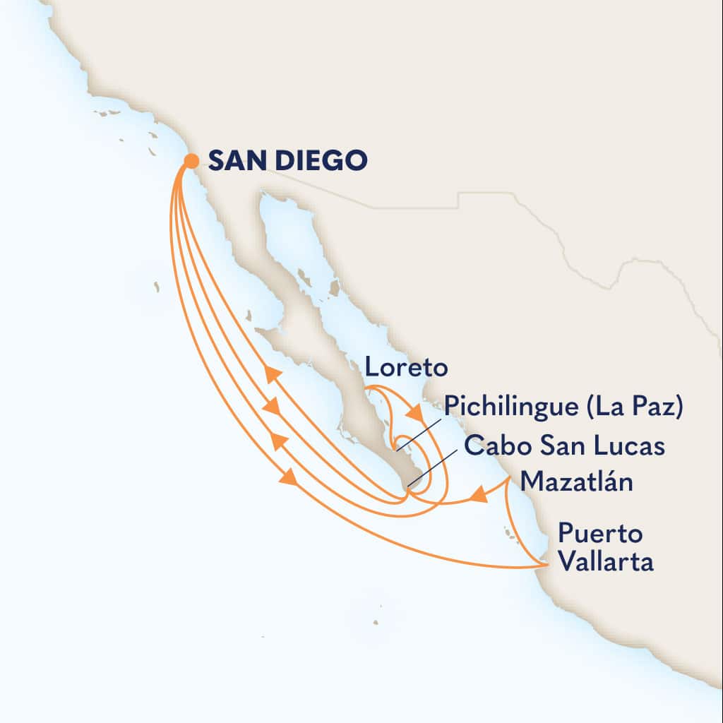 Itinerary map of 14-DAY MEXICAN RIVIERA & BAJA PENINSULA HOLIDAY