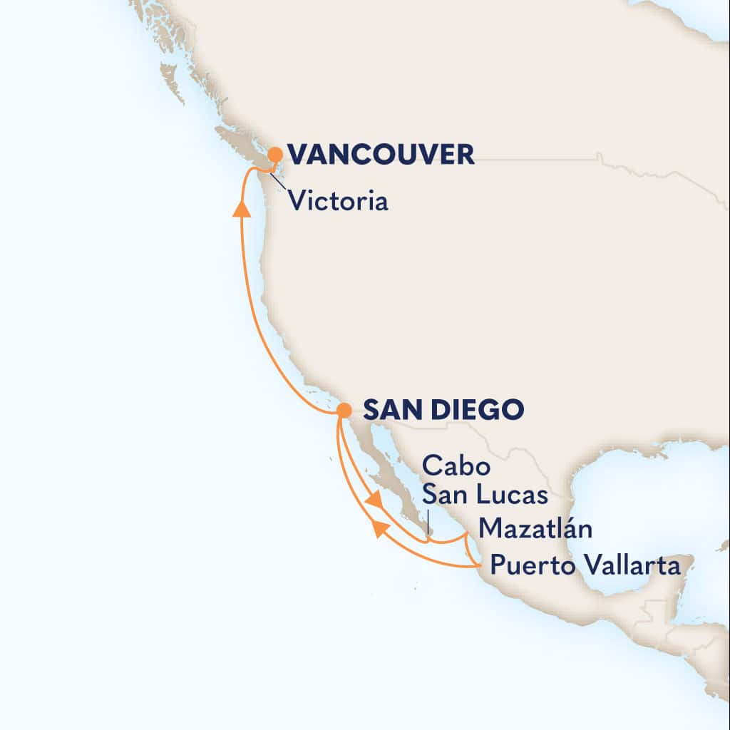 Itinerary map of 11-DAY MEXICAN RIVIERA & PACIFIC COAST