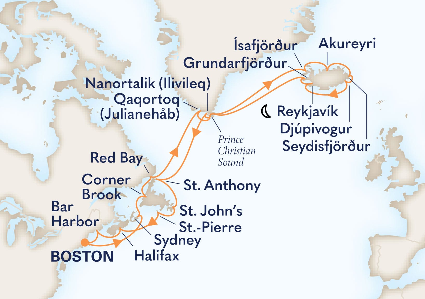 MapDepicting 24-Day Canada, New England & Iceland Departs Boston, Massachusetts, US Arrive Boston, Massachusetts, US