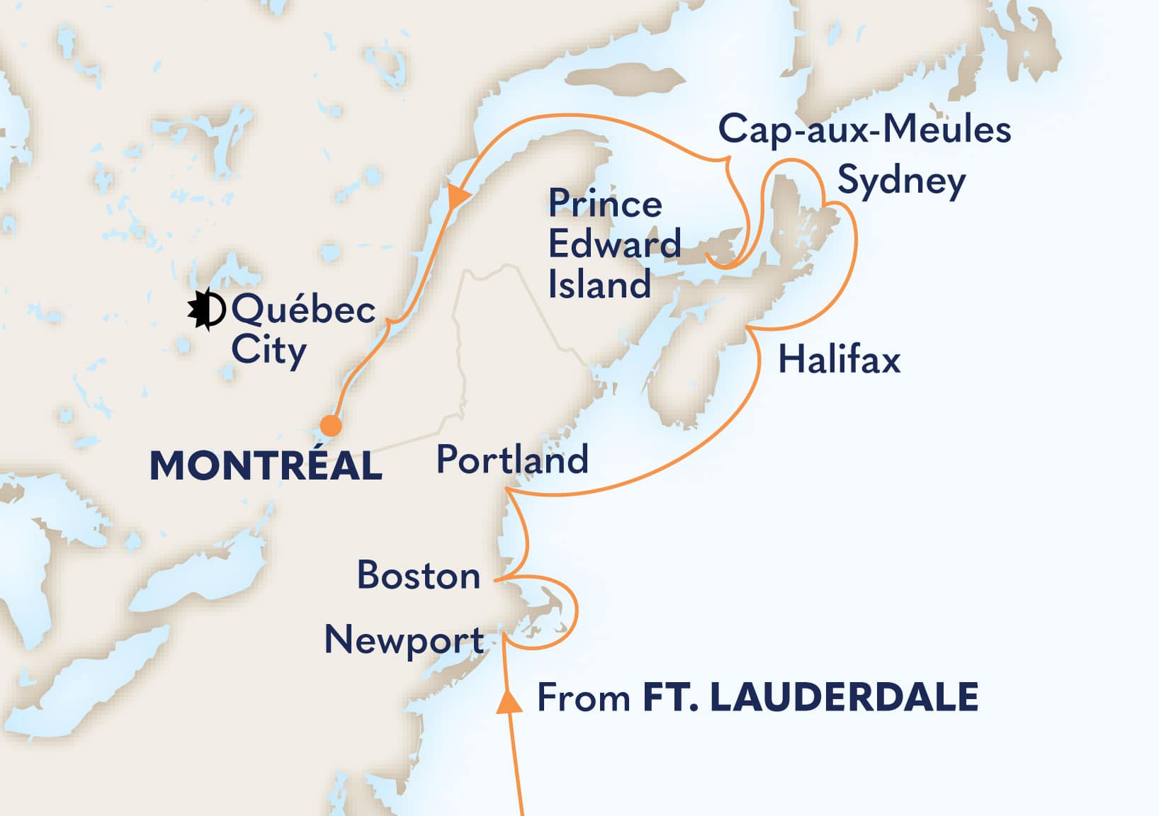 MapDepicting 13-Day The Atlantic Coast Departs Montreal, Quebec, Canada Arrive Fort Lauderdale, Florida, US