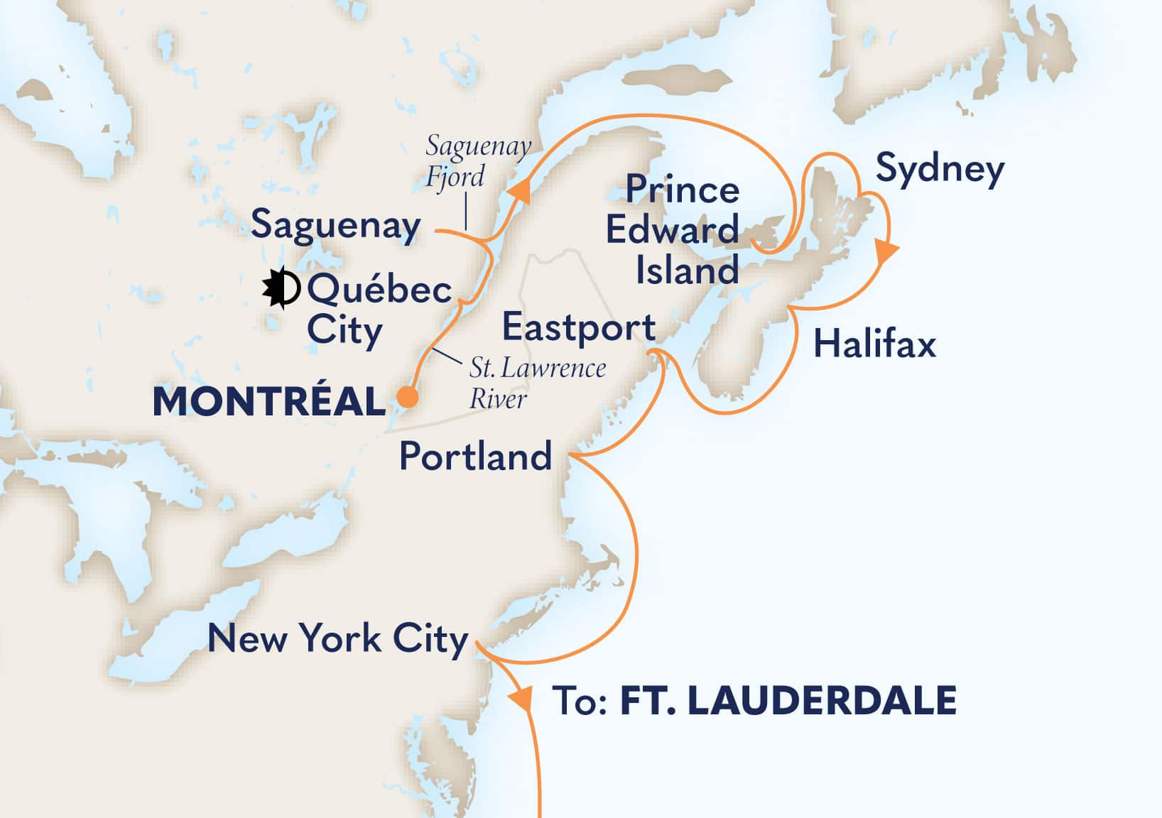 MapDepicting 14-DAY THE ATLANTIC COAST Departs Fort Lauderdale, Florida, US Arrive Montreal, Quebec, Canada