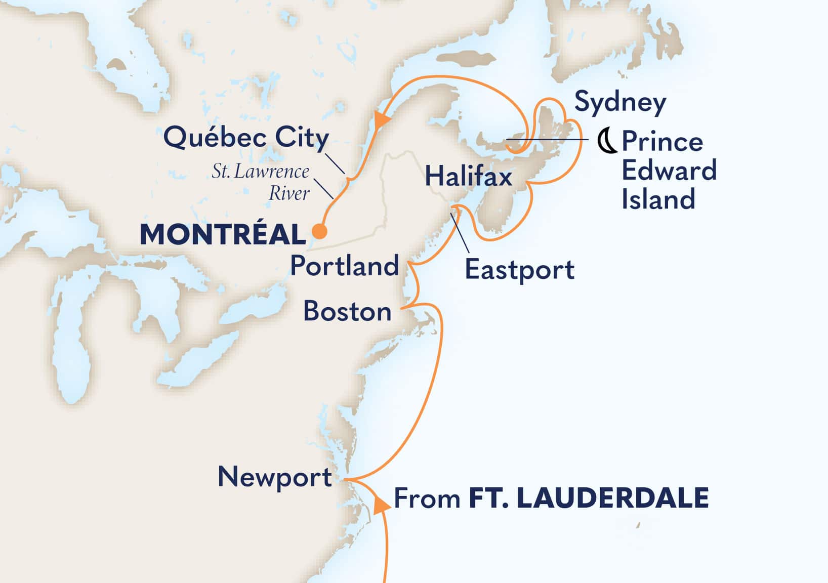 14-Day Atlantic Seaboard & Colonial New England: Montreal Itinerary Map
