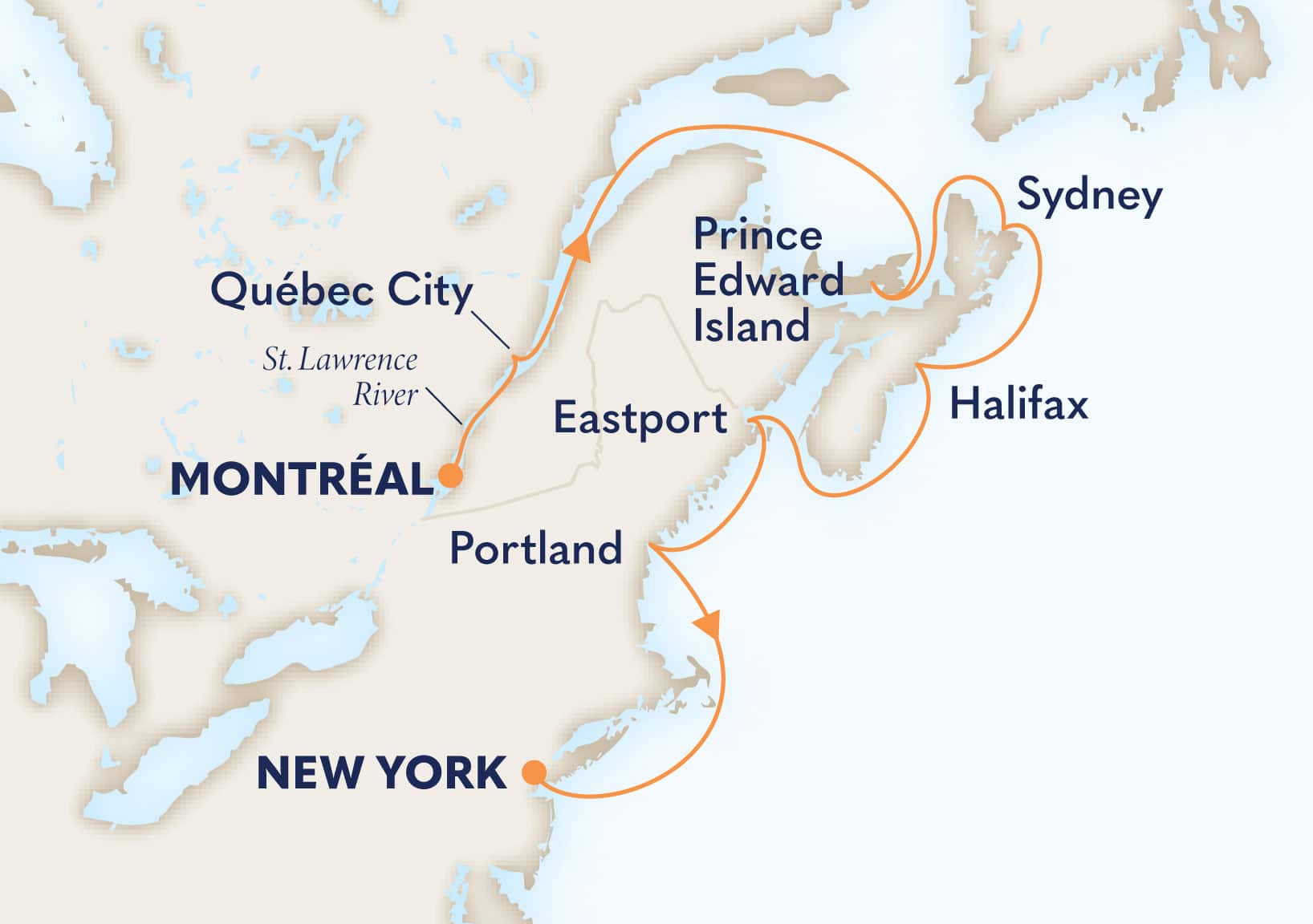 9-Day Colonial New England: Montreal Itinerary Map