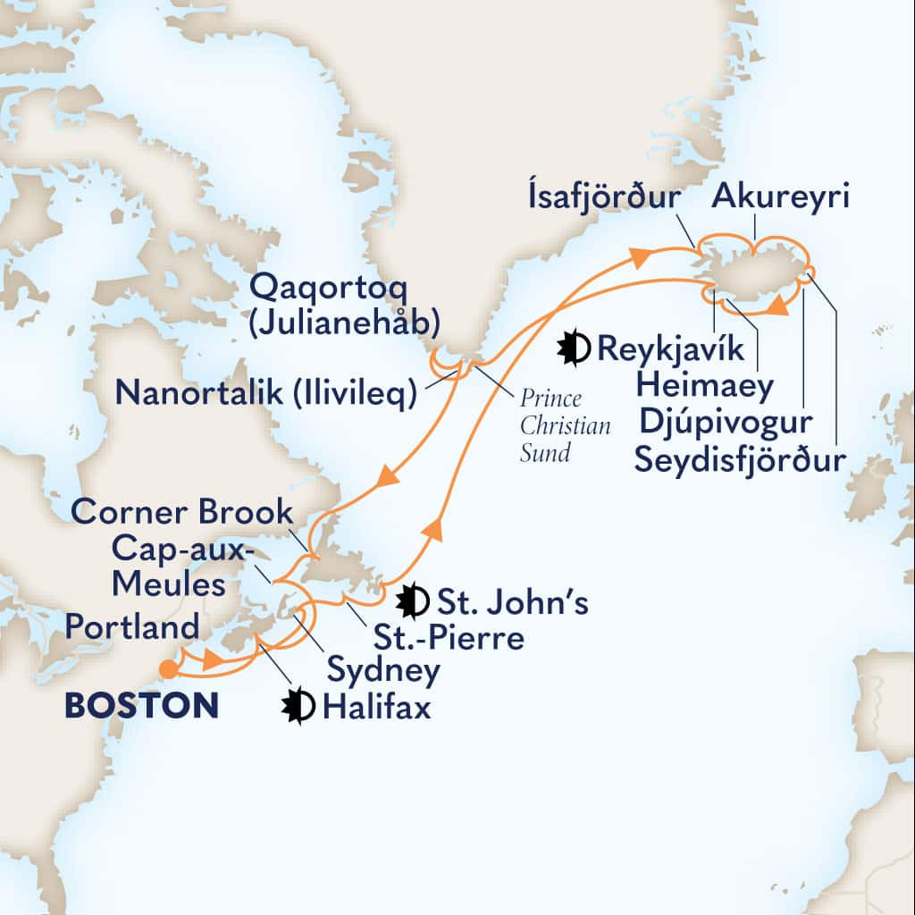 Itinerary map of 28-DAY LEGENDARY CANADA, NEW ENGLAND & ICELAND