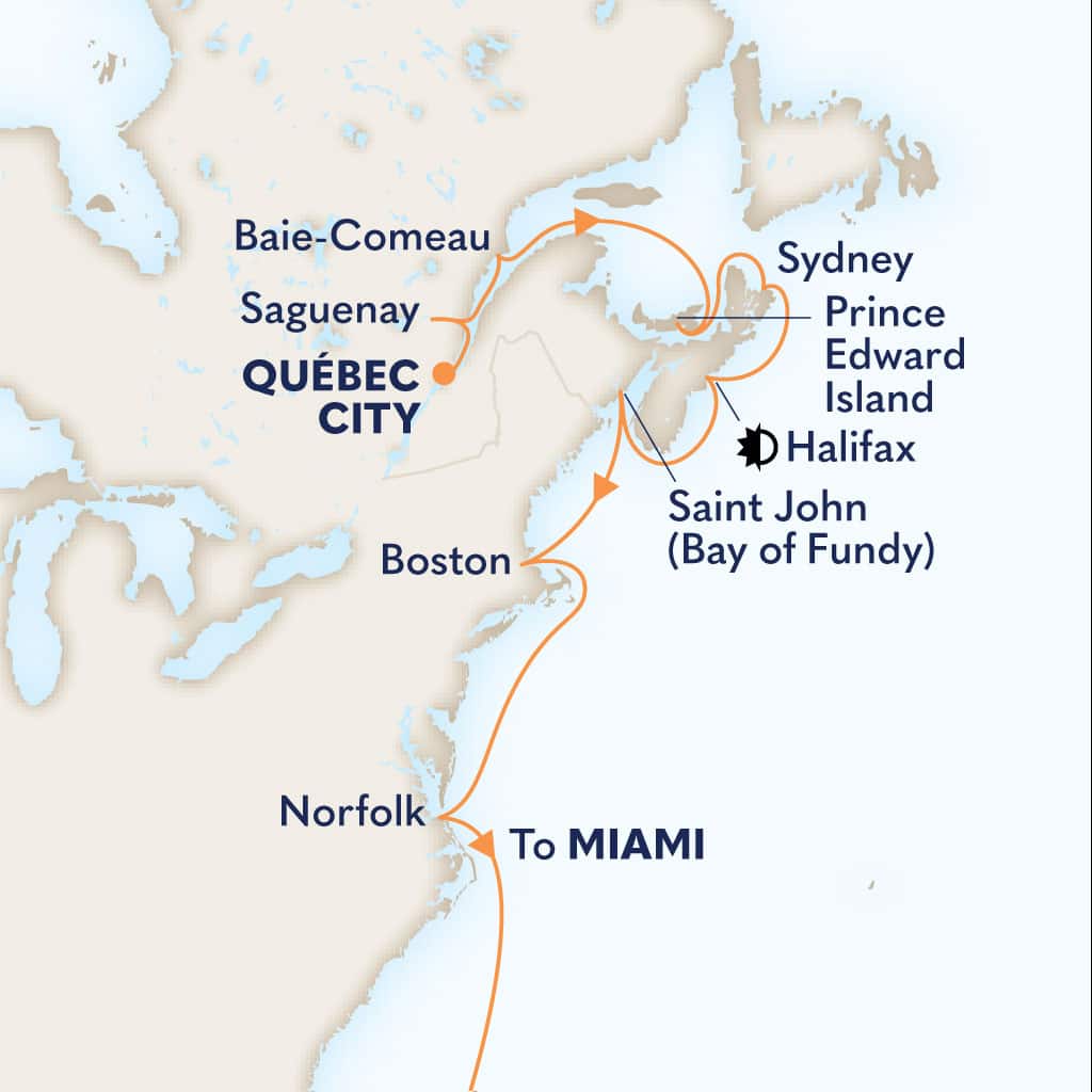 Itinerary map of 14-DAY ATLANTIC, NEW ENGLAND & QUEBEC
