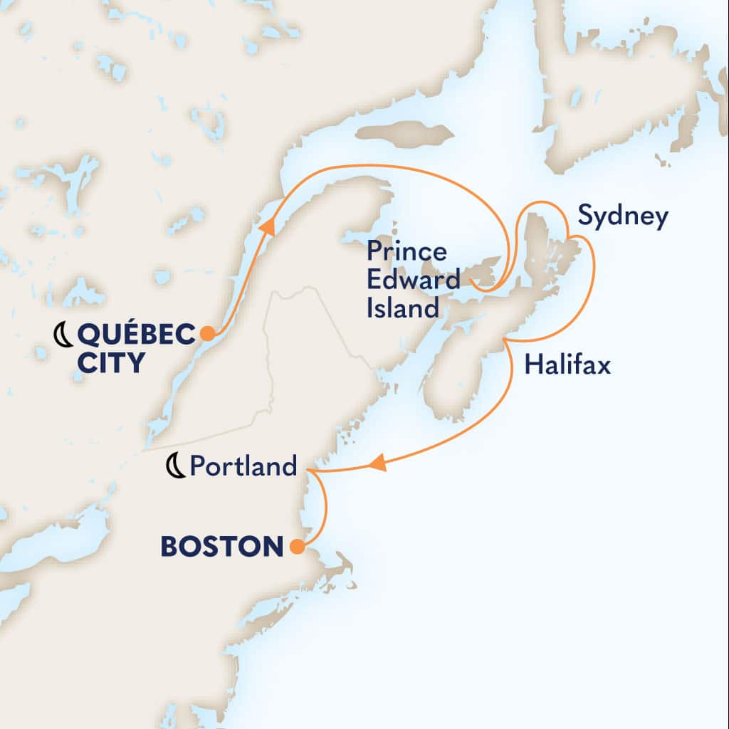 Itinerary map of 7-DAY CANADA & NEW ENGLAND: UNESCO SITES & QUEBECOIS NIGHTS
