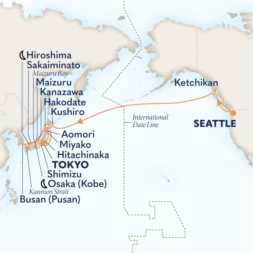 Itinerary map of 27-DAY NORTH PACIFIC CROSSING & CIRCLE JAPAN