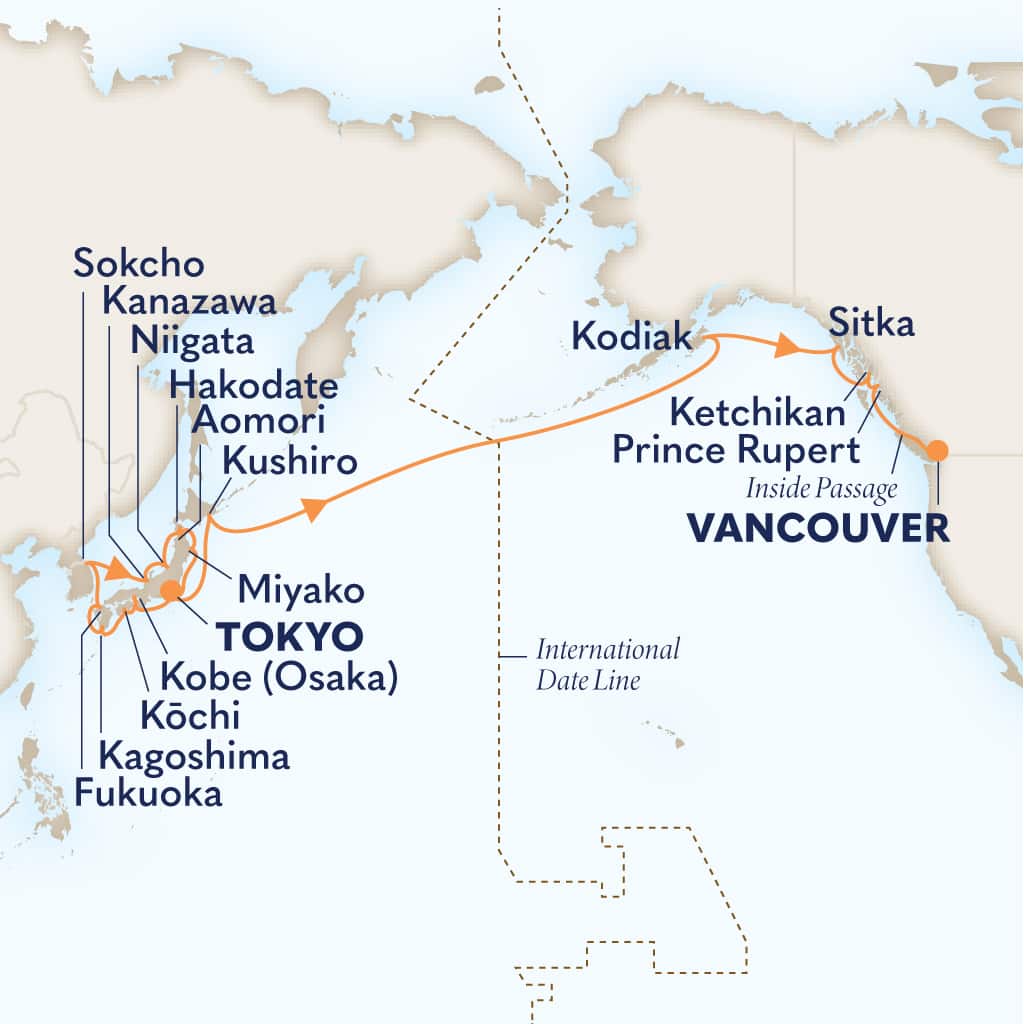 Itinerary map of 29-DAY JAPAN & NORTH PACIFIC CROSSING