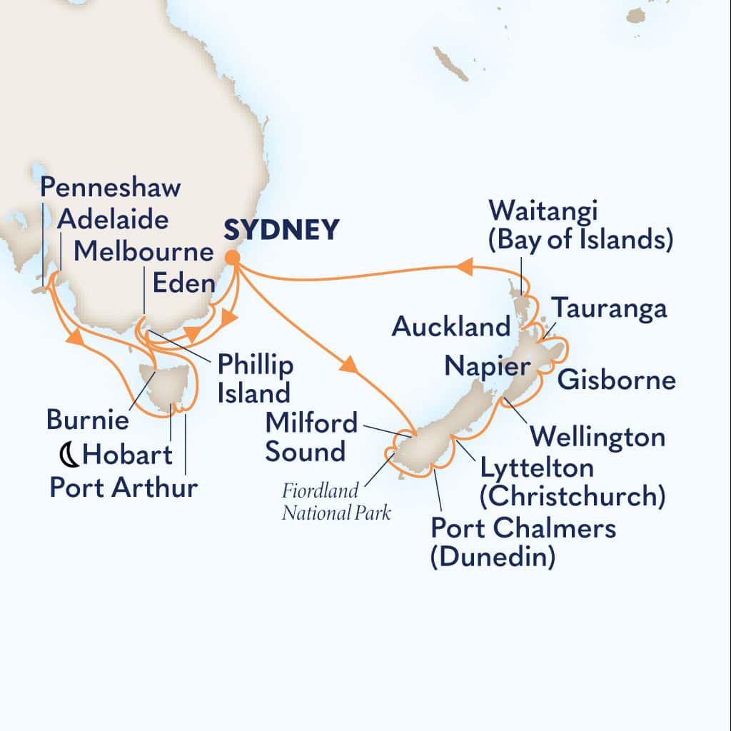 Itinerary map of 28-DAY NEW ZEALAND & SOUTH AUSTRALIA DISCOVERY COLLECTOR