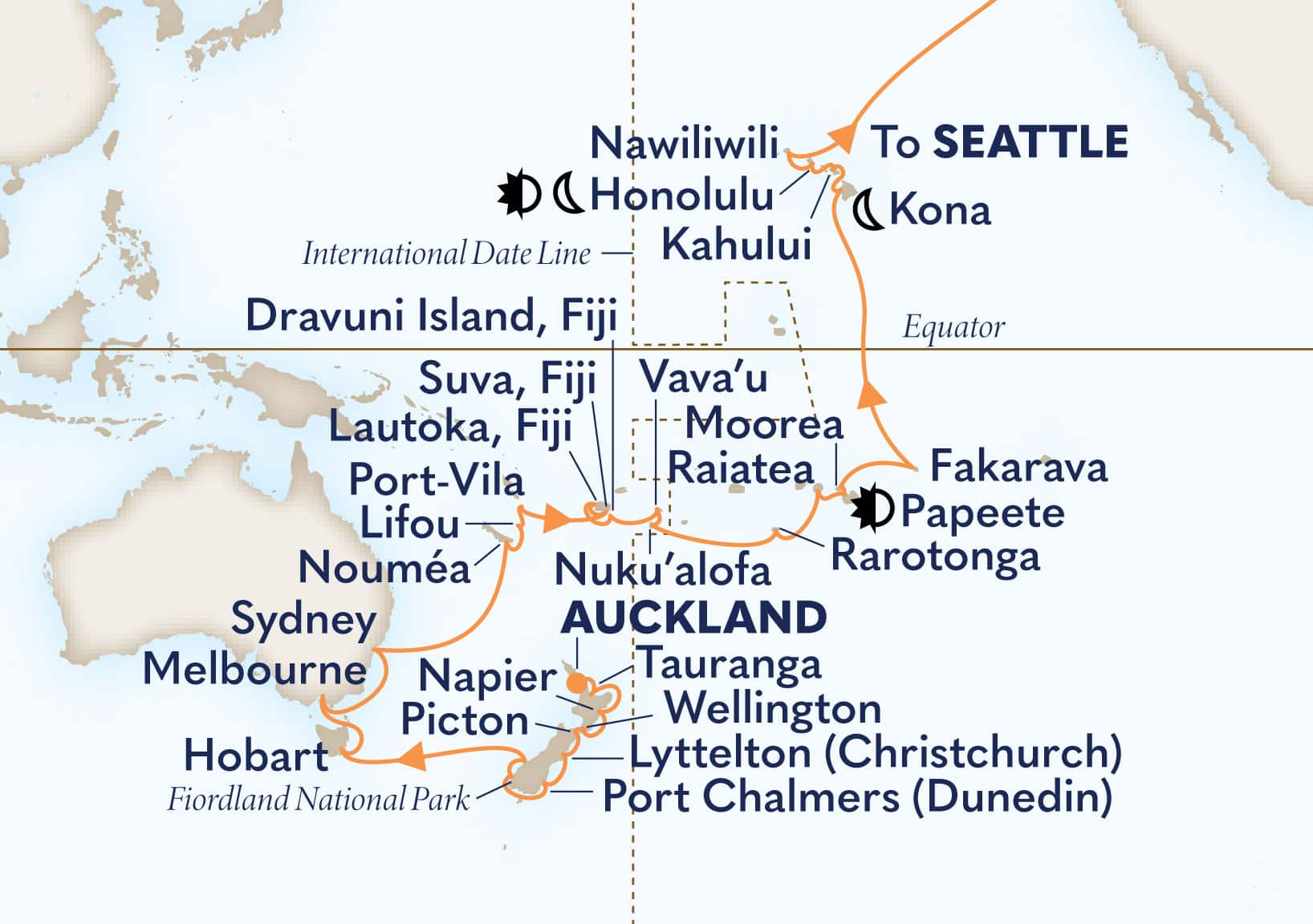 50-Day New Zealand & South Pacific Crossing Collector Itinerary Map