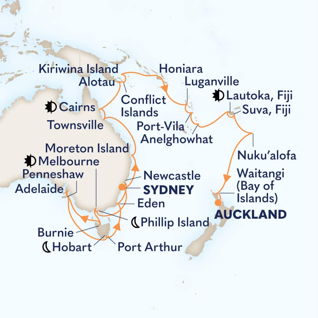 Itinerary map of 42-DAY AUSTRALIA HOLIDAY: CORAL SEA & FIJI