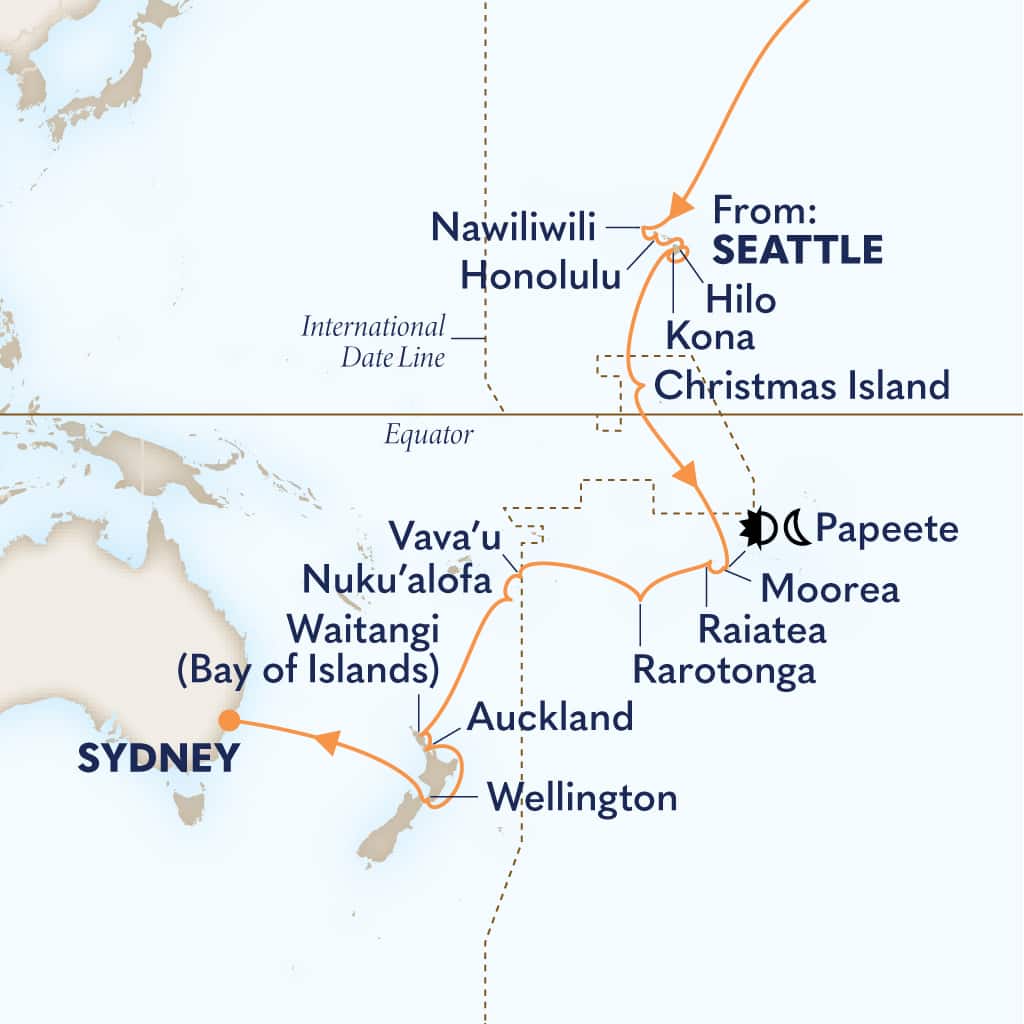 Itinerary map of 34-DAY LEGENDARY SOUTH PACIFIC CROSSING: SEATTLE TO SYDNEY