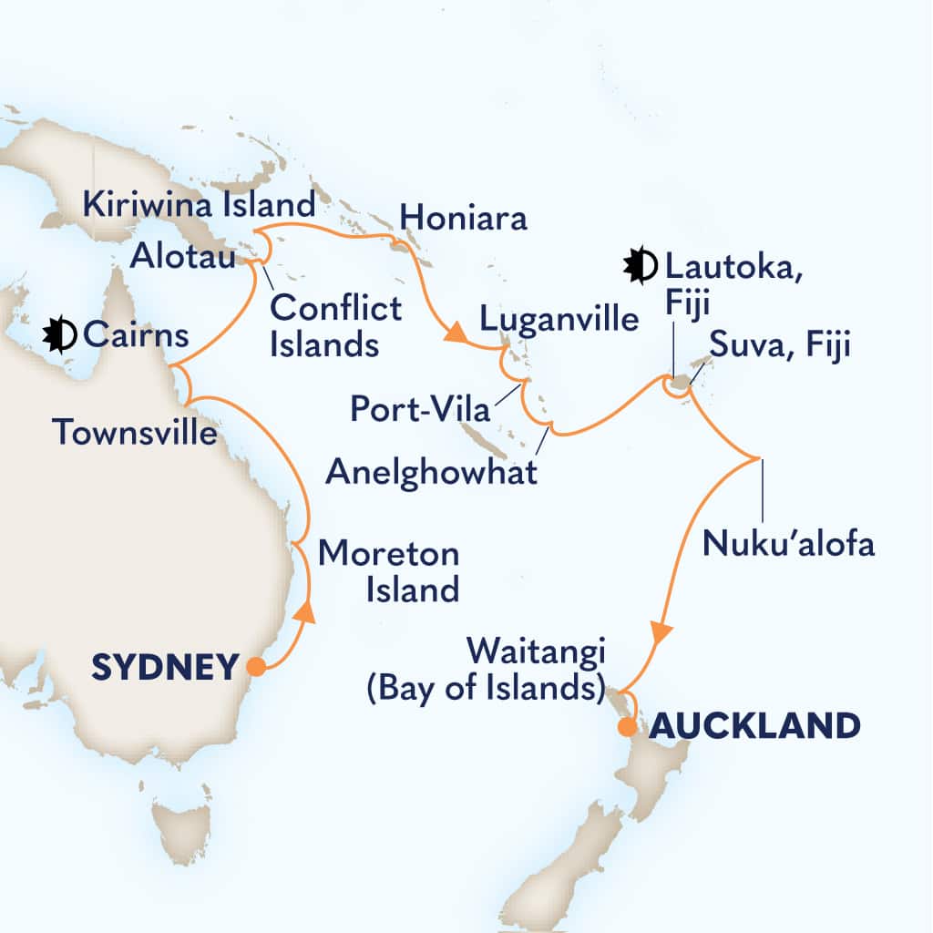Itinerary map of 26-DAY AUSTRALIA, CORAL SEA & FIJI LEGENDARY VOYAGE